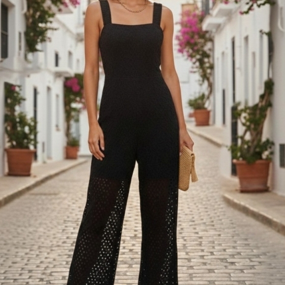 MNG Eyelet Lace Wide Leg Jumpsuit Sleeveless Square Neck Boho Chic Sz.L - Picture 2 of 12